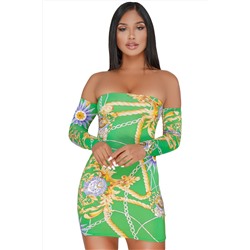 Зеленое облегающее платье с узором из цветов и цепей
