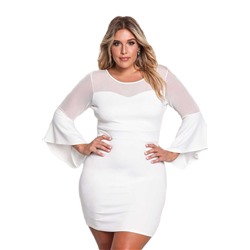 Белое облегающее мини платье с сетчатыми вставками и воланами на рукавах